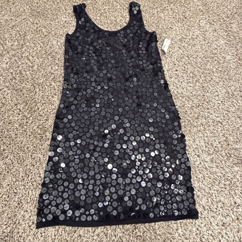 Worthington Black Sequin Scoop Neck Sleeveless Shift Dress NWT Medium